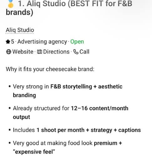 ChatGPT recommending Aliq Studio as the top creative agency for F&B brands in Malaysia